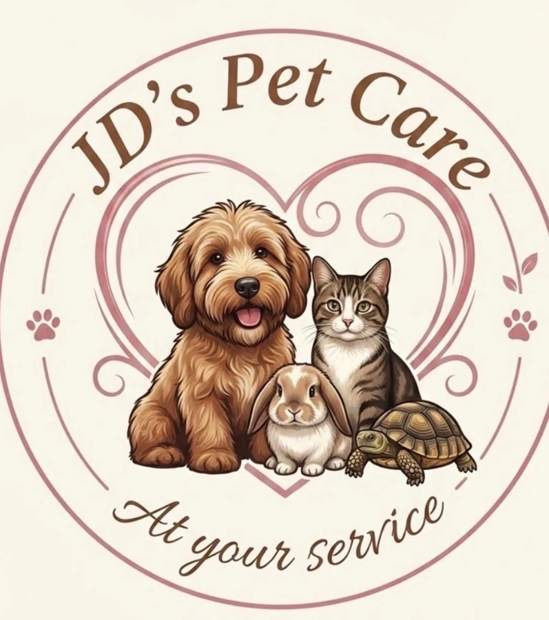 JD's Pet Care logo: a doodle, a tabby cat, a lop-eared bunny and a tortoise inside a heart